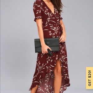 NWT Lulu’s Burgundy Floral Wrap Dress